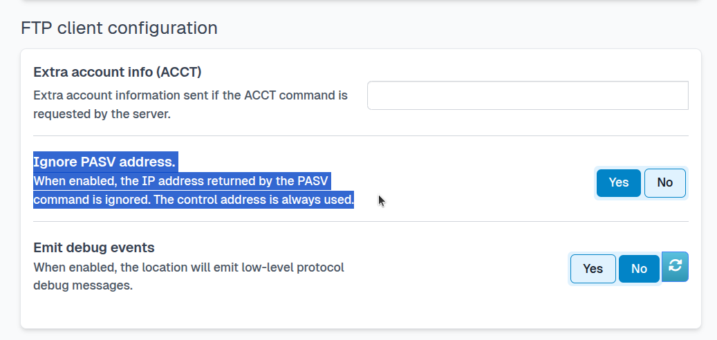 Location configuration to ignore PASV address