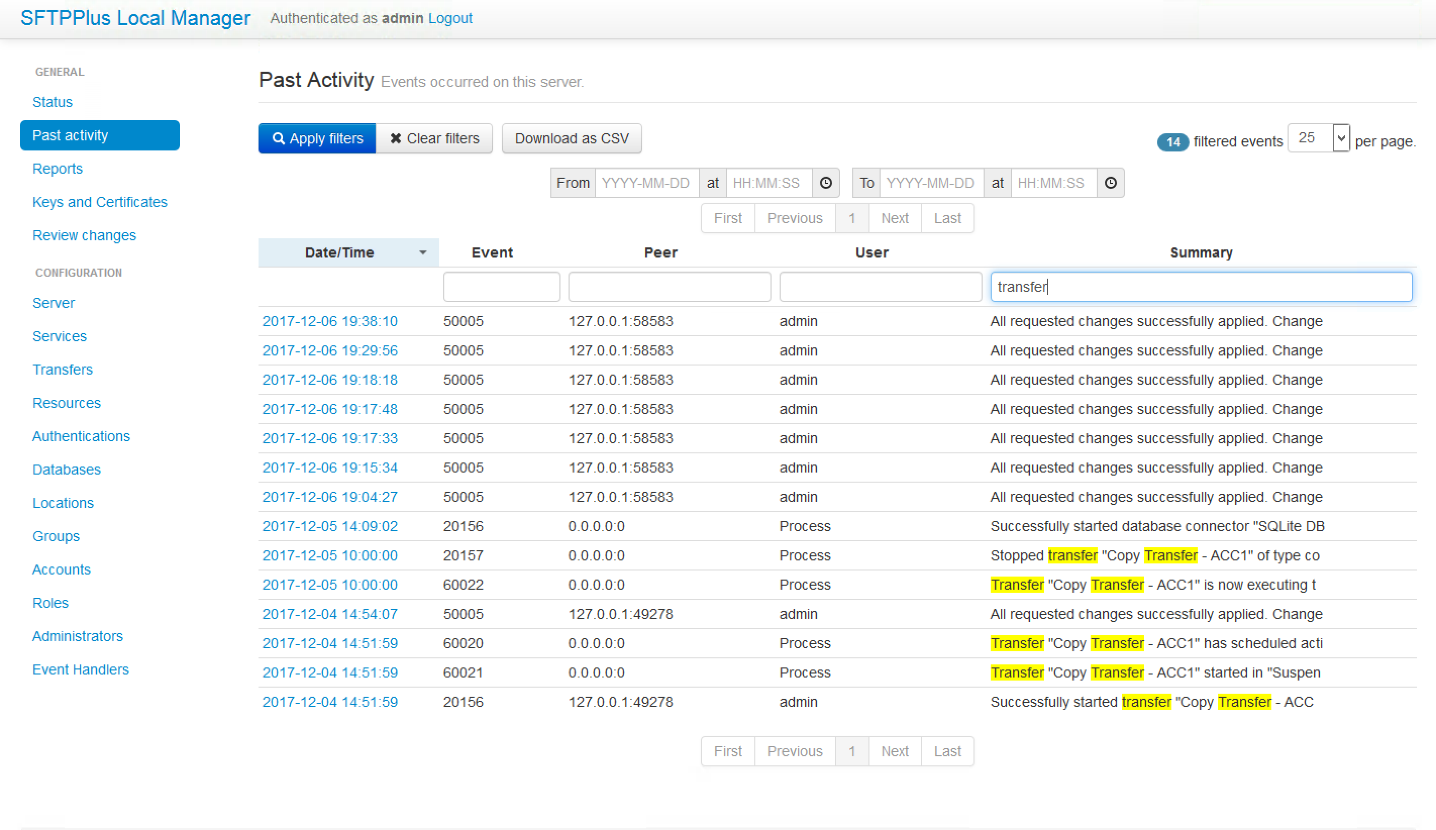While operating, SFTPPlus will emit a set of events. Each event has a unique ID and defines a specific operation carried out by the server. The extensive audit trail is collated for system administration purposes such as monitoring activities.  The trail will also help in meeting compliance requirements that involve logging of system activities.